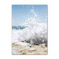 Coastal boho aesthetic wall art gallery set with ocean waves, sandy paths, palm trees, vintage van, and beach photography in blue and beige tones.