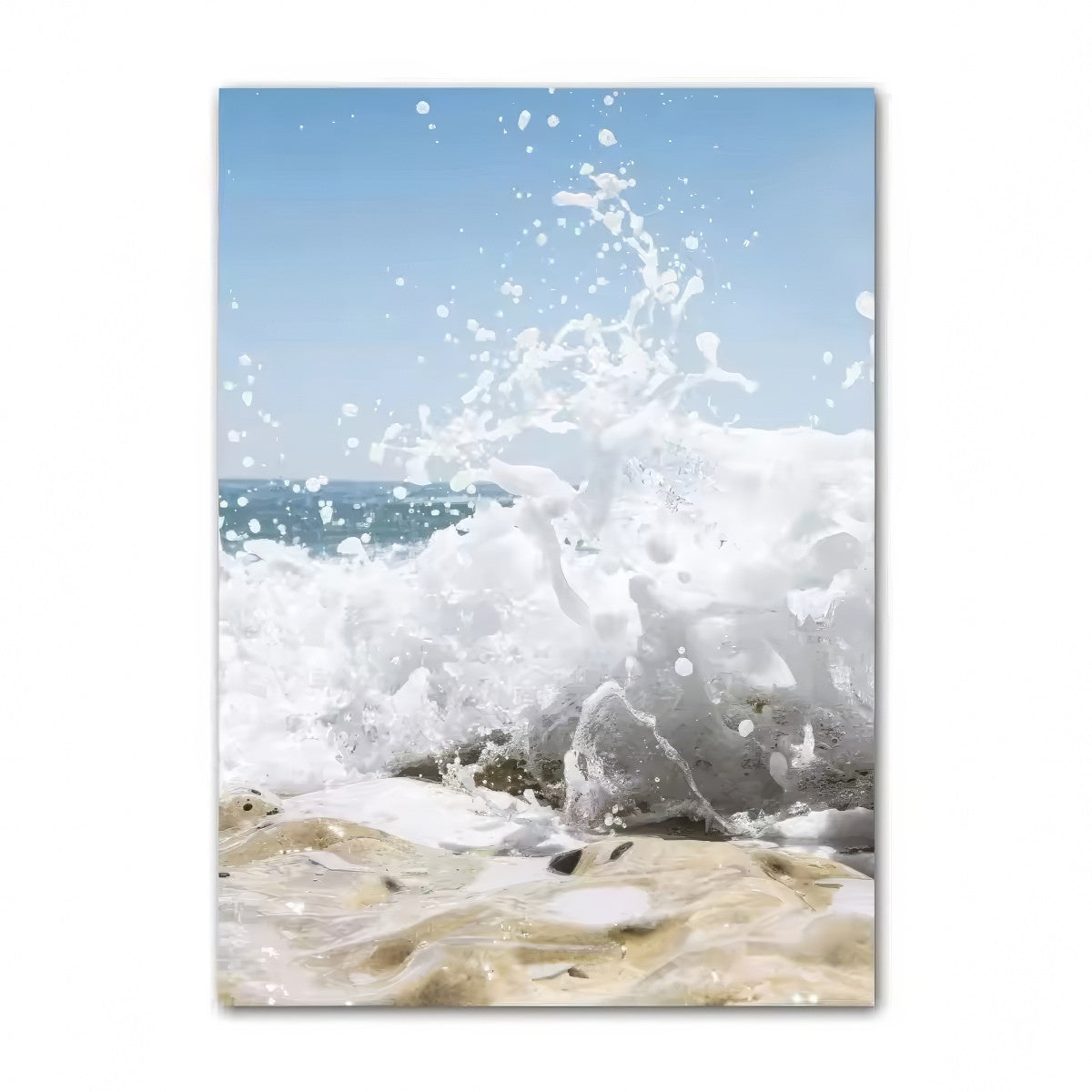 Coastal boho aesthetic wall art gallery set with ocean waves, sandy paths, palm trees, vintage van, and beach photography in blue and beige tones.