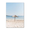 Coastal boho aesthetic wall art gallery set with ocean waves, sandy paths, palm trees, vintage van, and beach photography in blue and beige tones.
