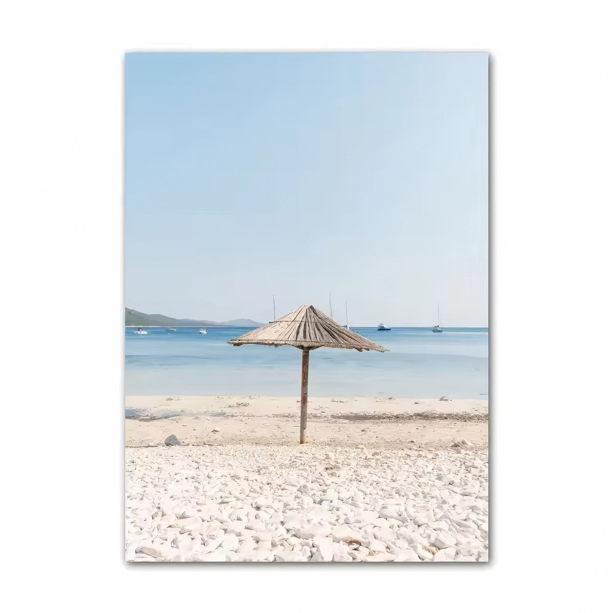 Coastal boho aesthetic wall art gallery set with ocean waves, sandy paths, palm trees, vintage van, and beach photography in blue and beige tones.