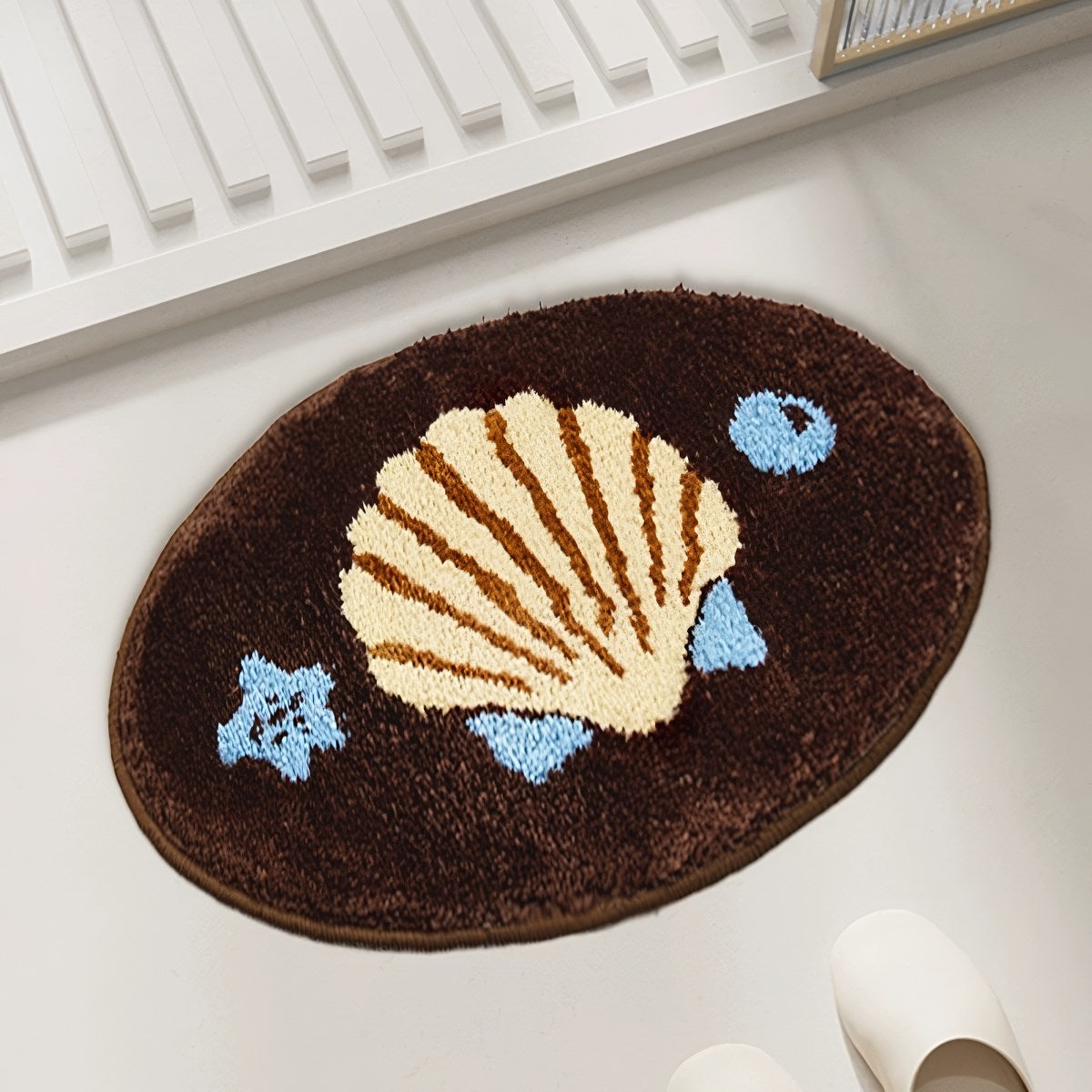 coconut girl aesthetic brown, beige and blue seashell tufted accent rug