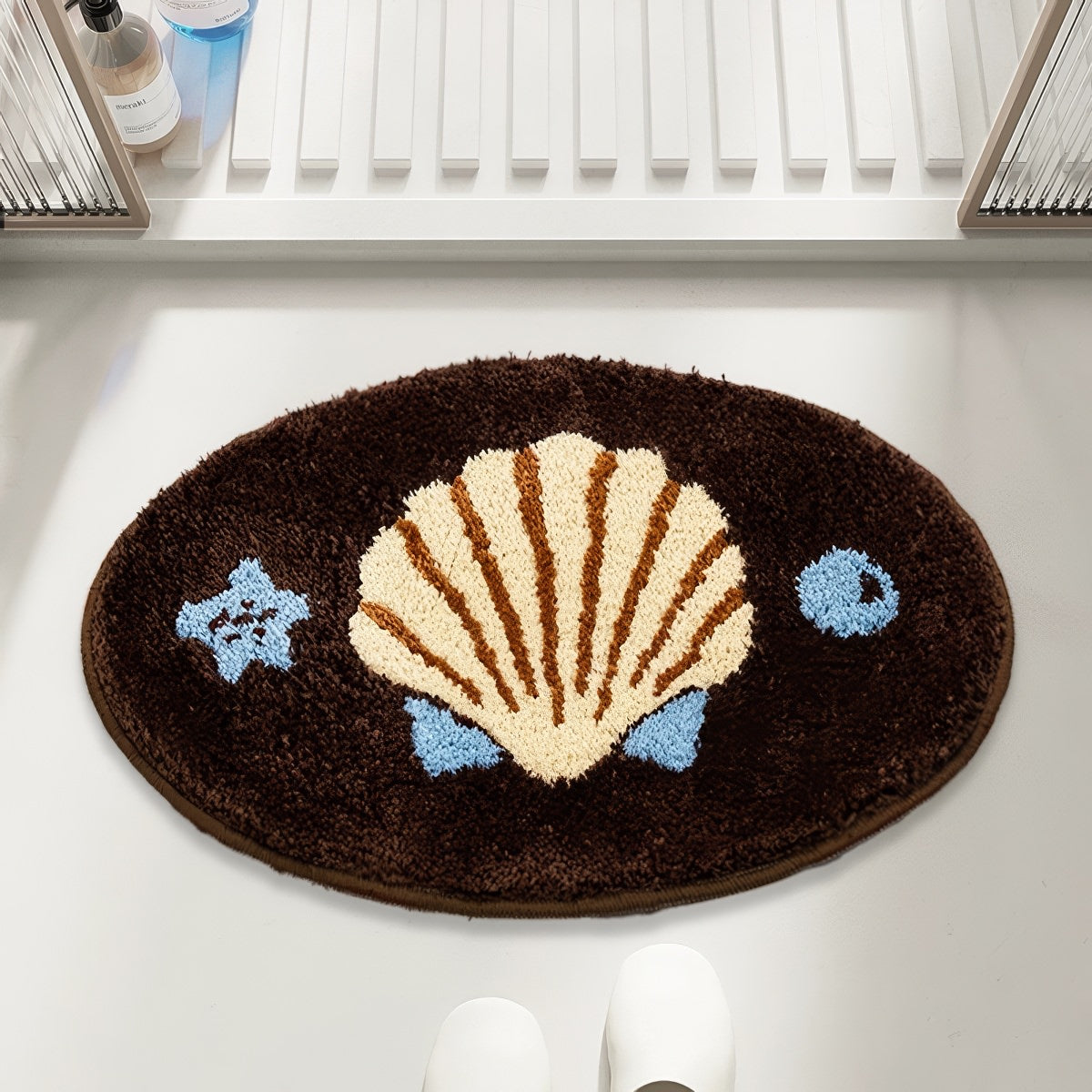 coconut girl aesthetic brown, beige and blue seashell tufted accent rug