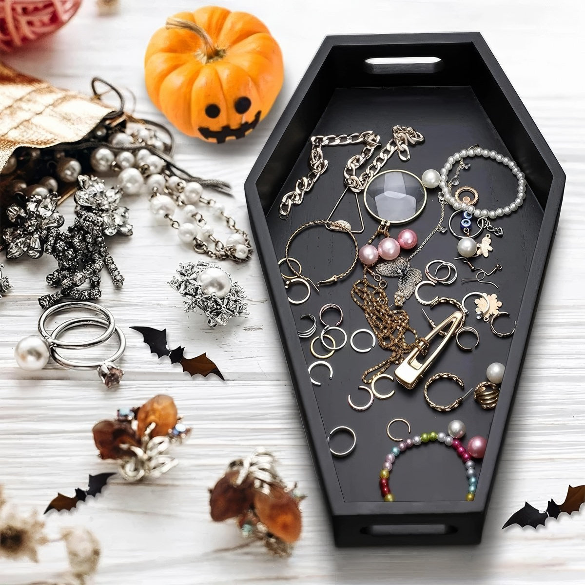 black coffin-shaped jewelry storage tray witchcore aesthetic