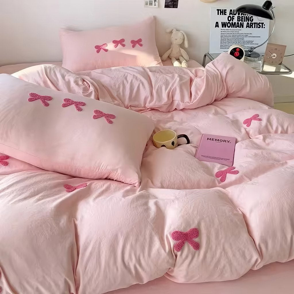 coquette aesthetic bedding duvet cover set with cute embroidered bows