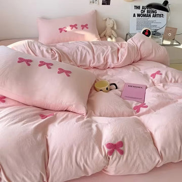 coquette aesthetic bedding duvet cover set with cute embroidered bows
