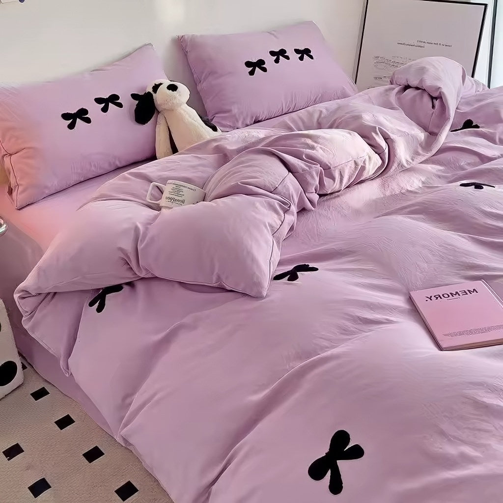 coquette aesthetic bedding duvet cover set with cute embroidered bows