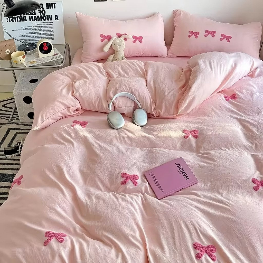 coquette aesthetic bedding duvet cover set with cute embroidered bows