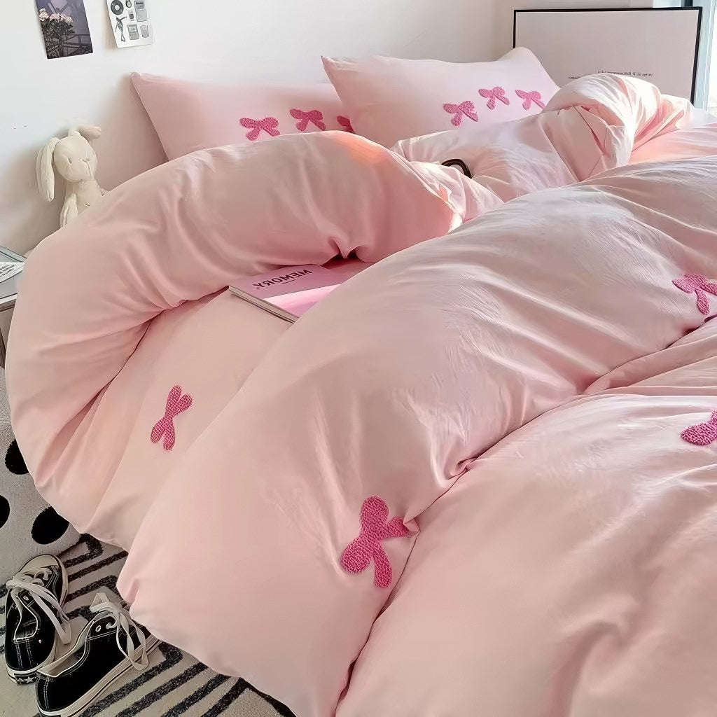 coquette aesthetic bedding duvet cover set with cute embroidered bows