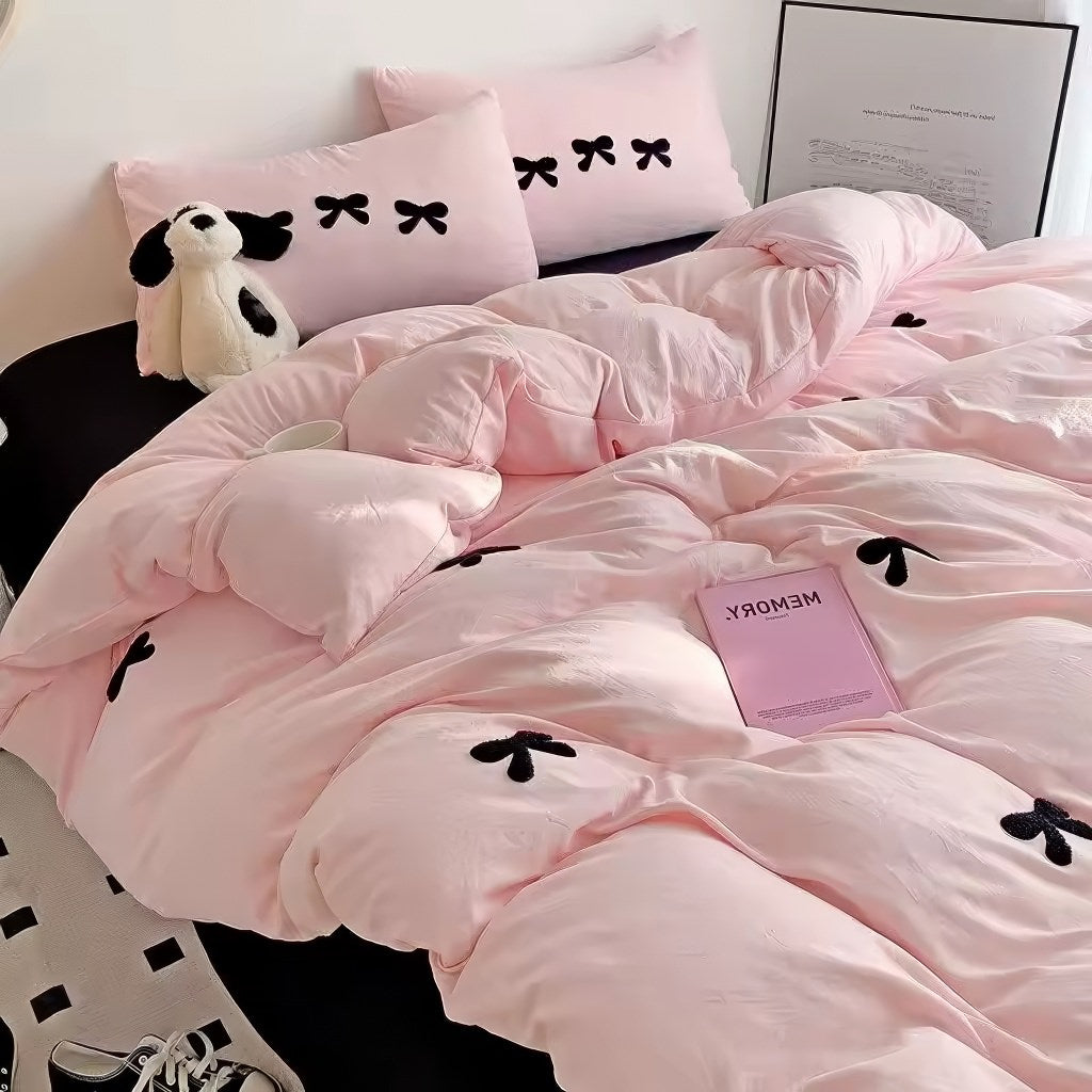 coquette aesthetic bedding duvet cover set with cute embroidered bows