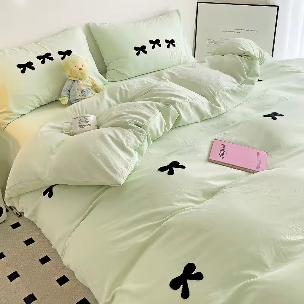coquette aesthetic bedding duvet cover set with cute embroidered bows