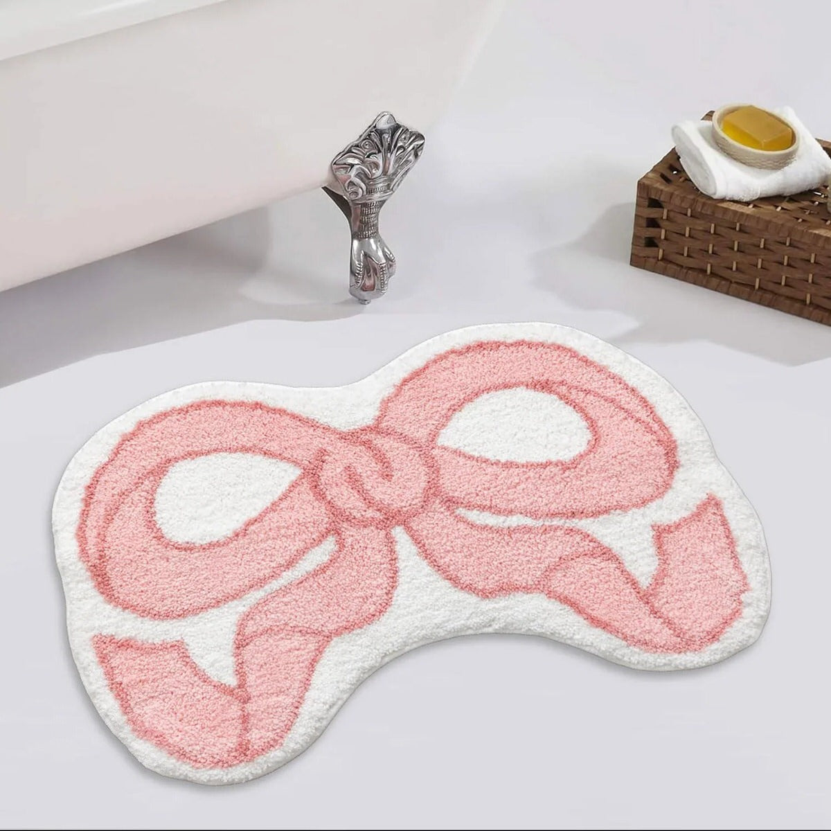 Pink bow-shaped bath mat coquette aesthetic accent rug