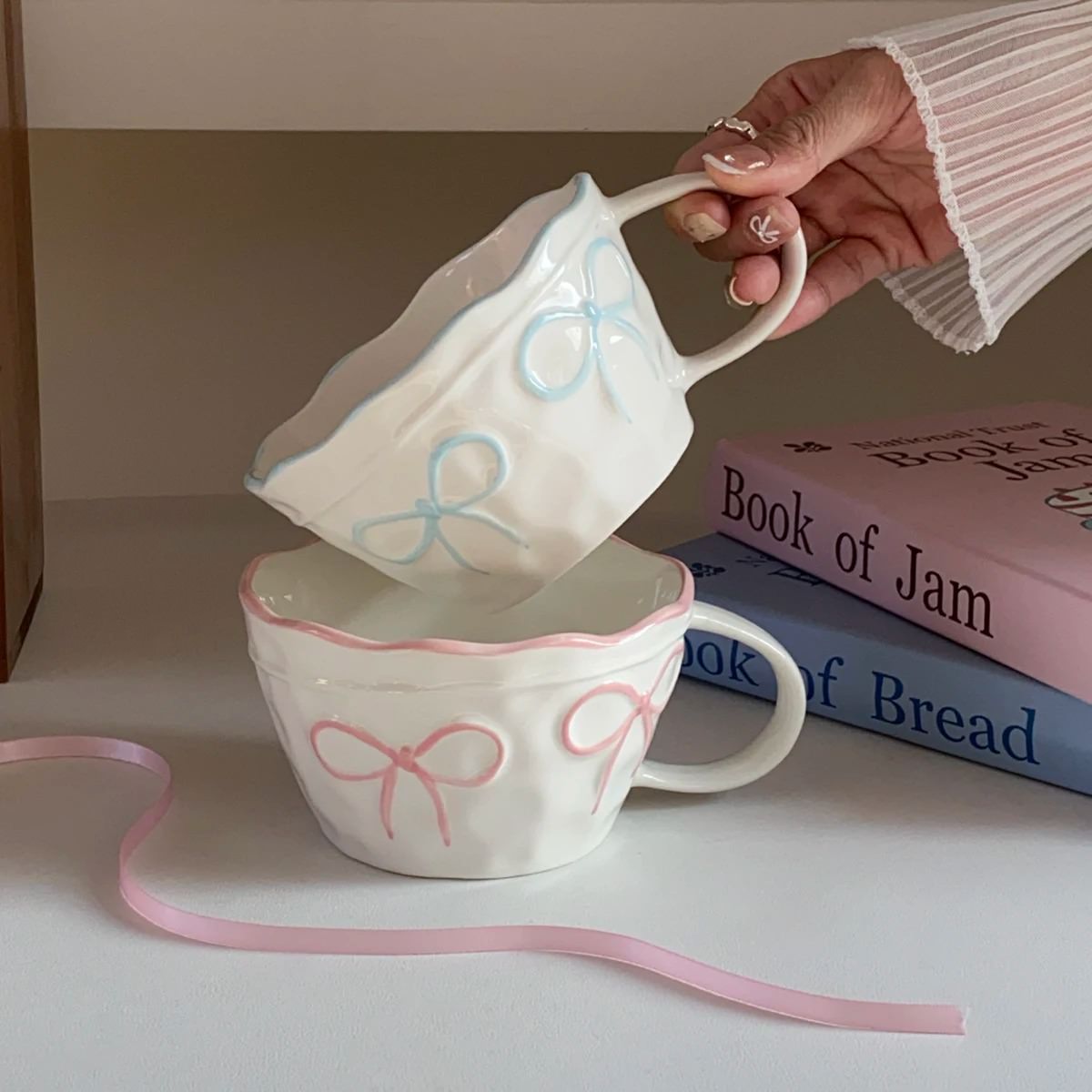 coquette aesthetic ceramic cup with bows