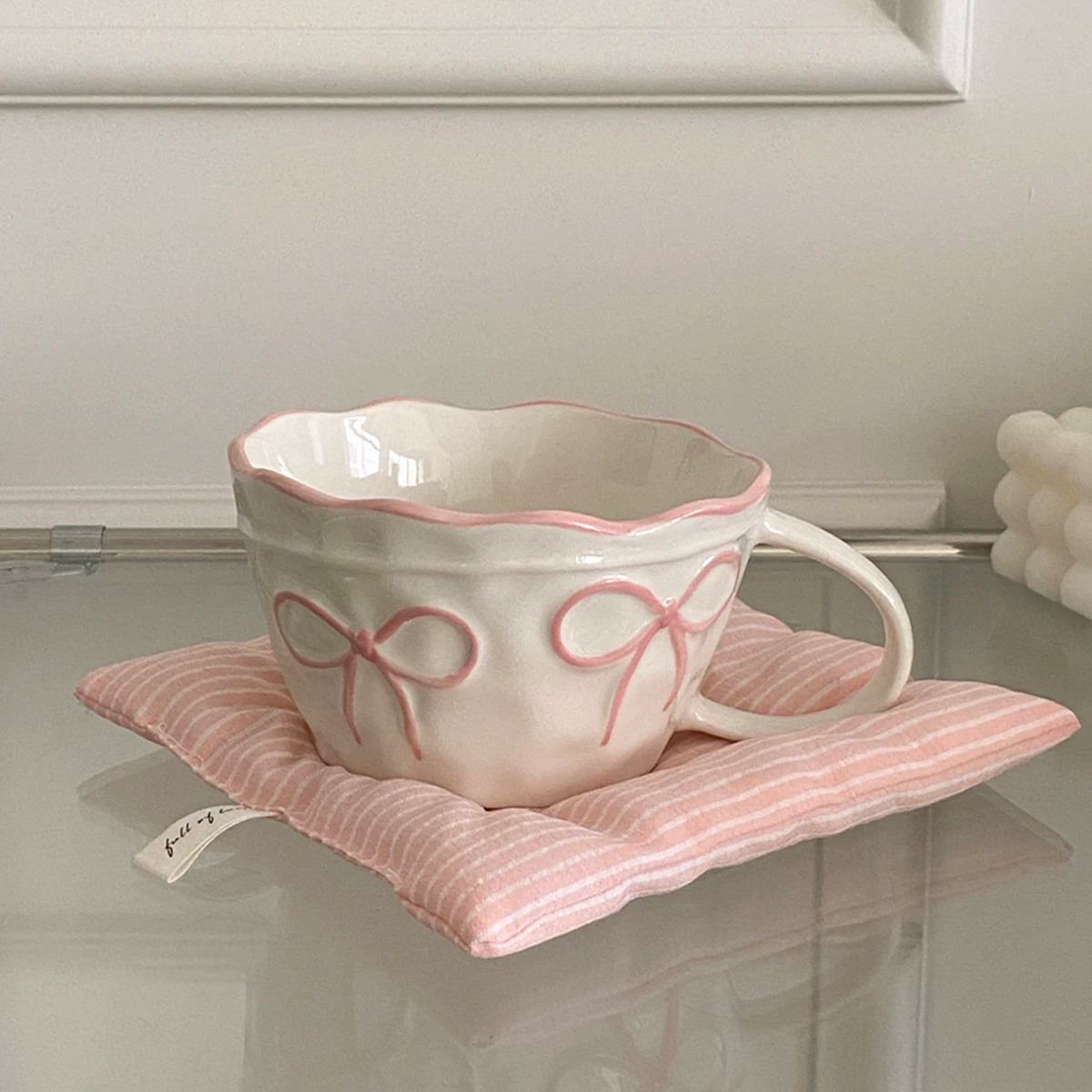 coquette aesthetic ceramic cup with bows
