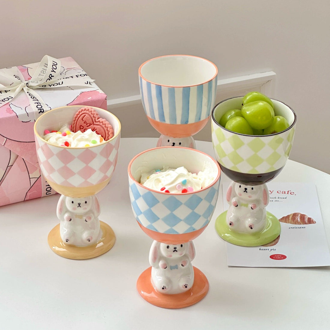 coquette aesthetic ceramic bunny pedestal cute checkered and striped cup