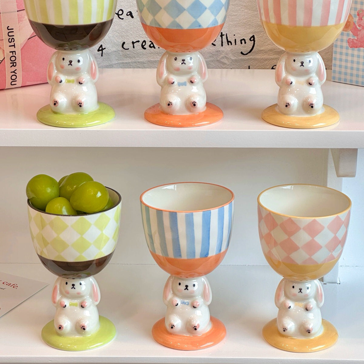 coquette aesthetic ceramic bunny pedestal cute checkered and striped cup