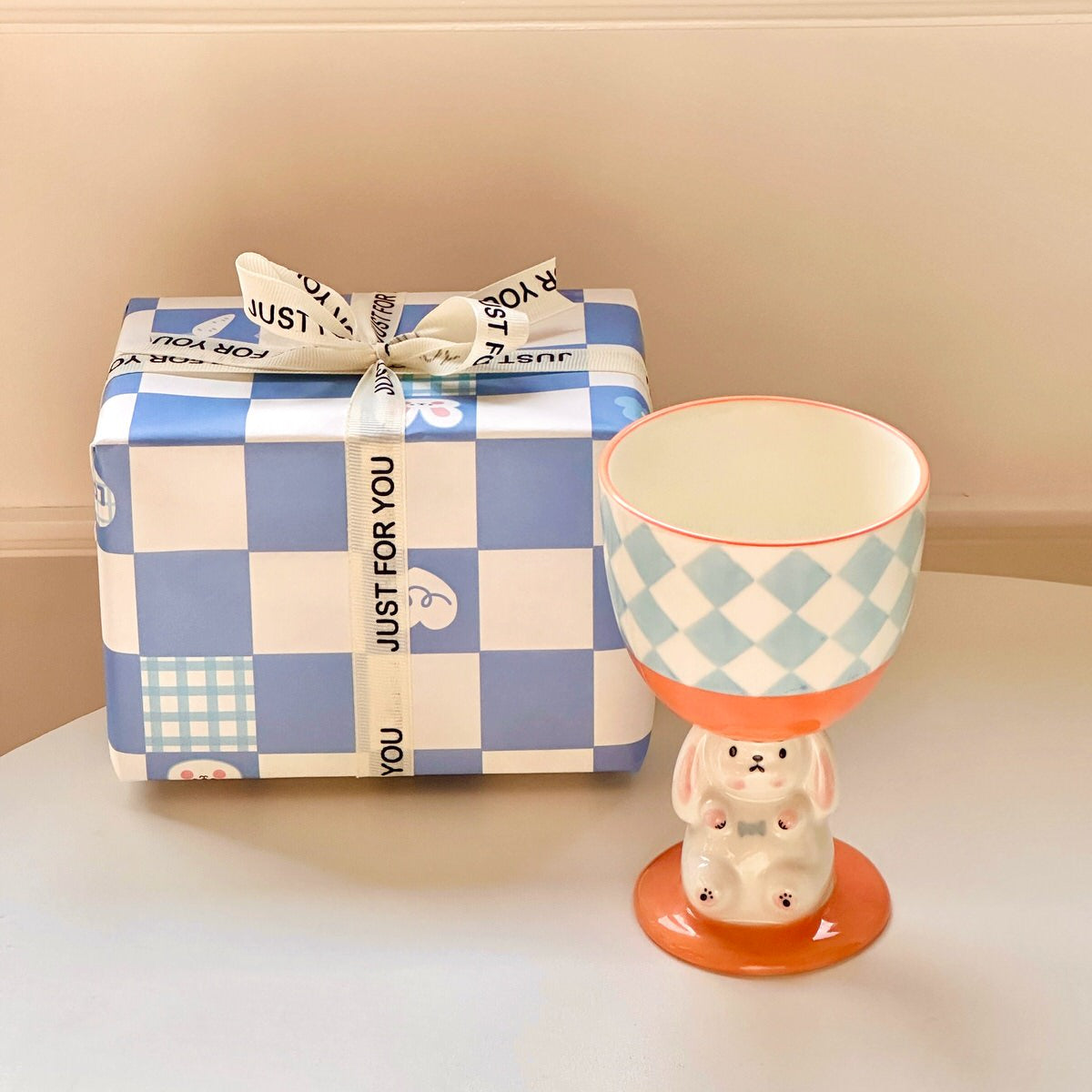 coquette aesthetic ceramic bunny pedestal cute checkered and striped cup
