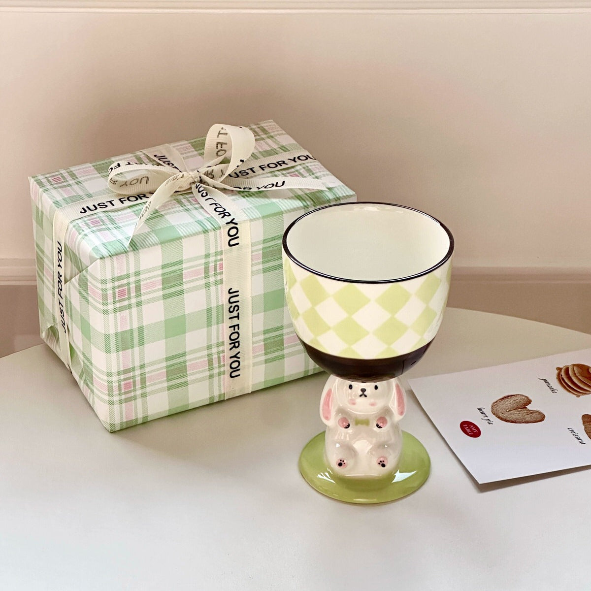 coquette aesthetic ceramic bunny pedestal cute checkered and striped cup