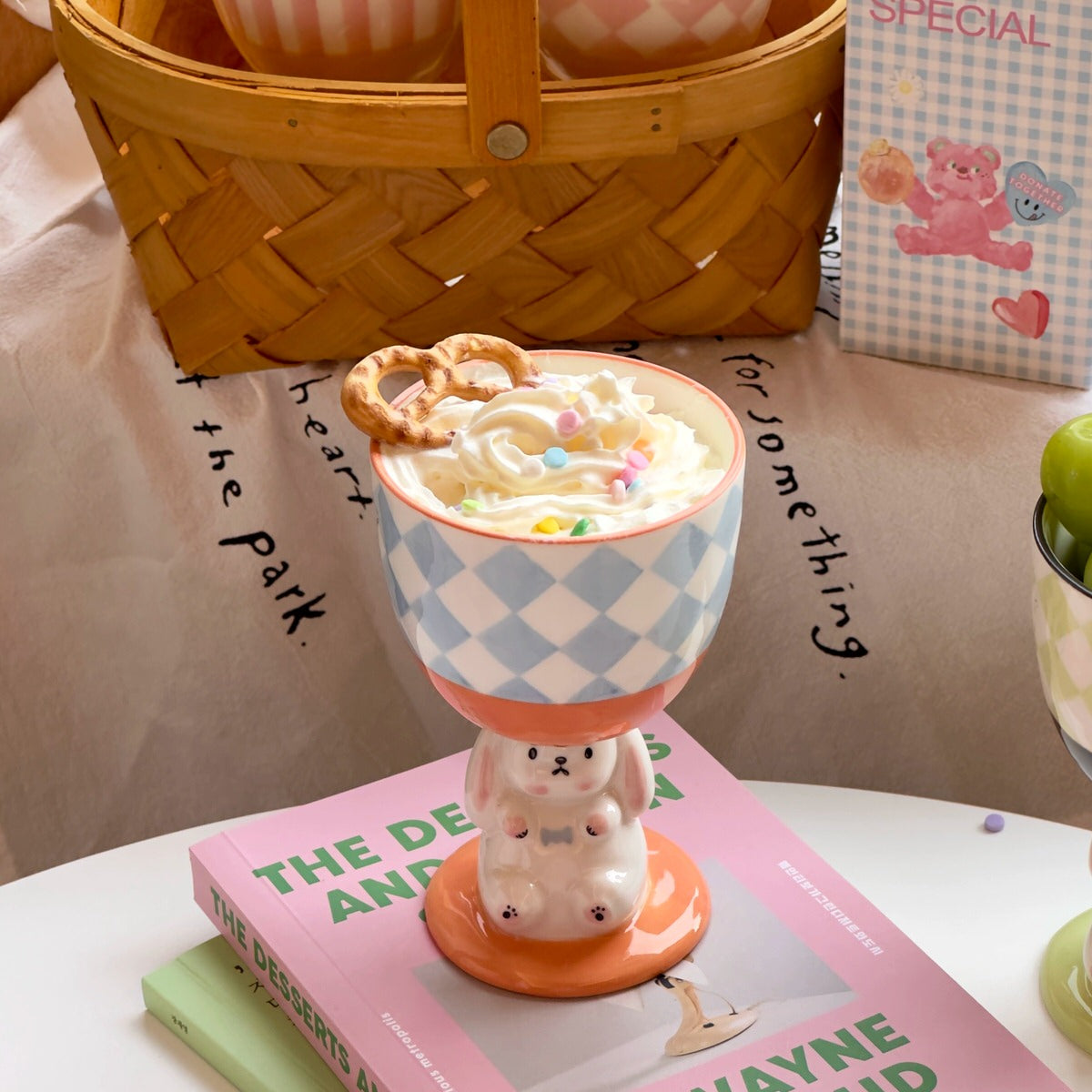 coquette aesthetic ceramic bunny pedestal cute checkered and striped cup