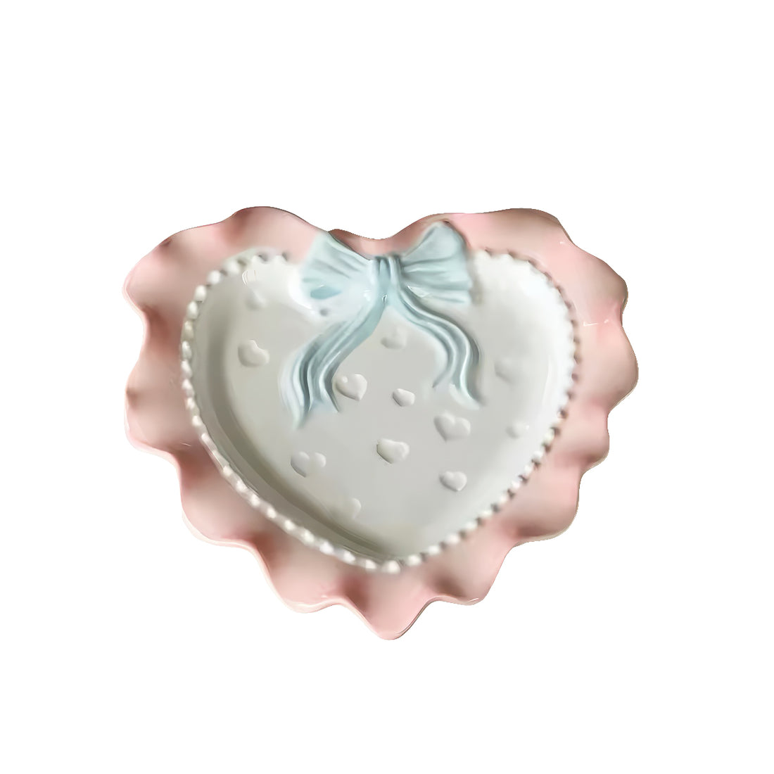 A pastel-colored, heart-shaped ceramic plate featuring scalloped edges, embossed hearts, and an elegant bow accent. Available in soft pink, pastel blue, and delicate yellow colors.