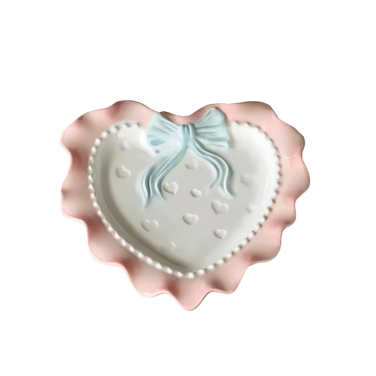 A pastel-colored, heart-shaped ceramic plate featuring scalloped edges, embossed hearts, and an elegant bow accent. Available in soft pink, pastel blue, and delicate yellow colors.
