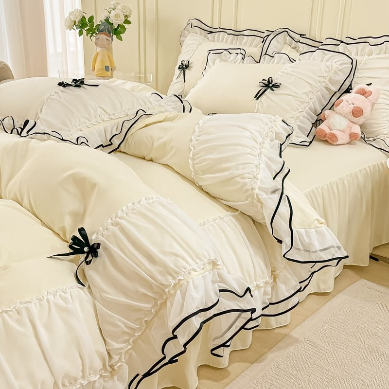 coquette kawaii aesthetic princess bedding set with baws ruffles and laces roomtery