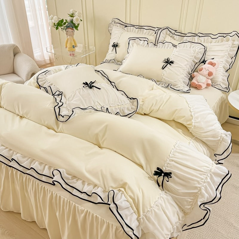 coquette kawaii aesthetic princess bedding set with baws ruffles and laces roomtery