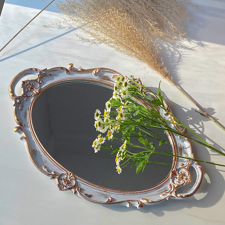 vintage openwork gold-plated coquette aesthetic oval storage tray with mirror