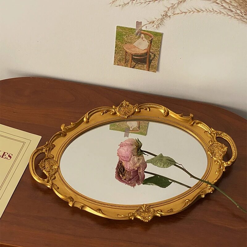 vintage openwork gold-plated coquette aesthetic oval storage tray with mirror