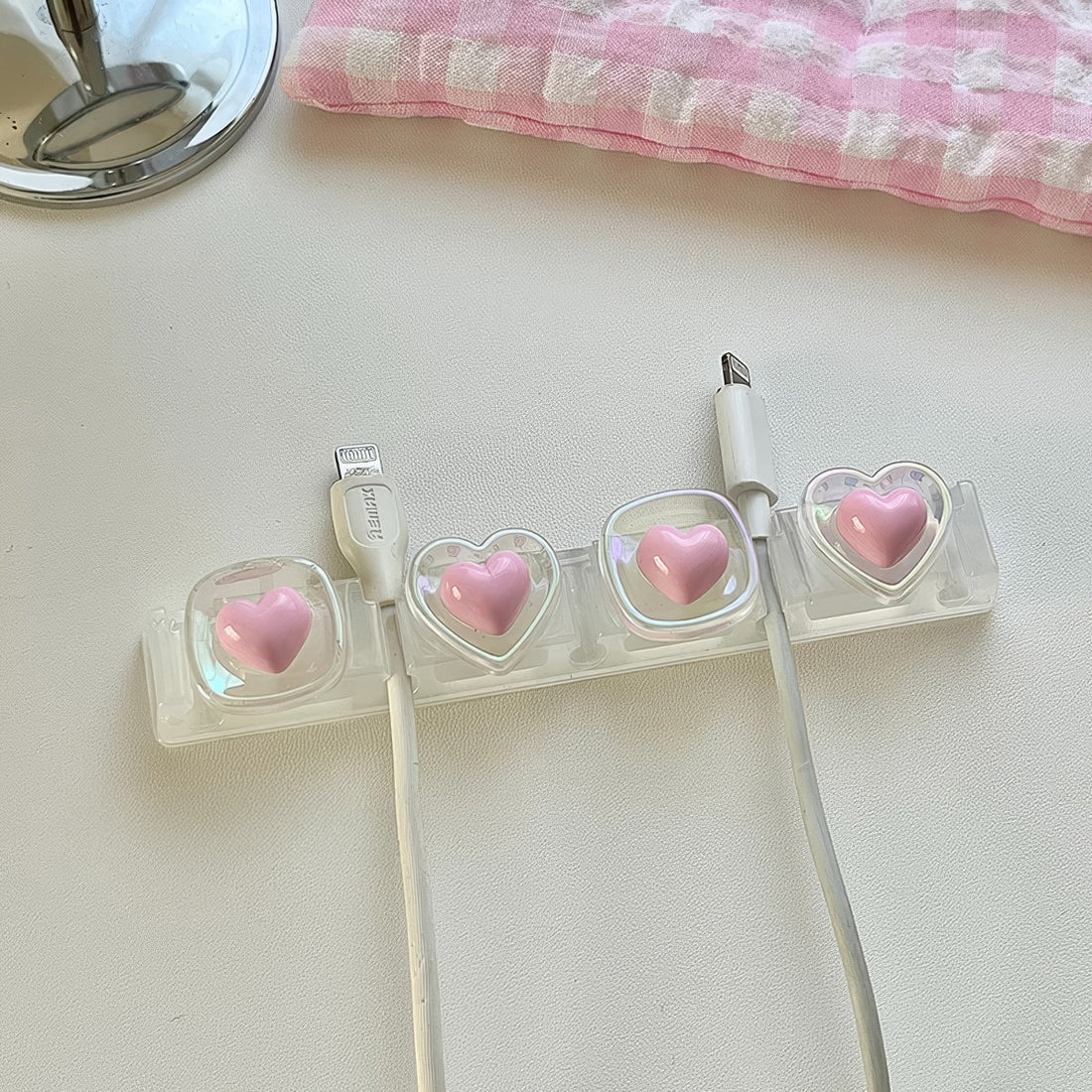 coquette aesthetic desk cable sticky organizer with cute pink hearts
