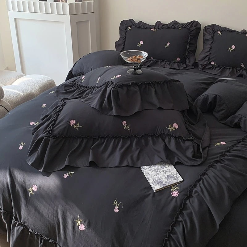 coquette aesthetic embroidered roses ruffle bedding duvet cover and sham set roomtery