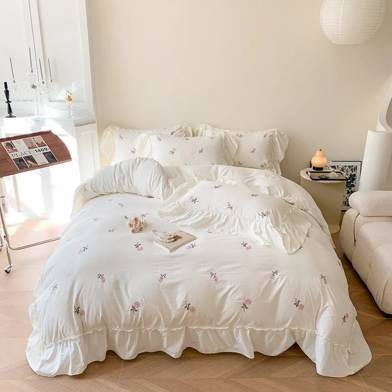 coquette aesthetic embroidered roses ruffle bedding duvet cover and sham set roomtery
