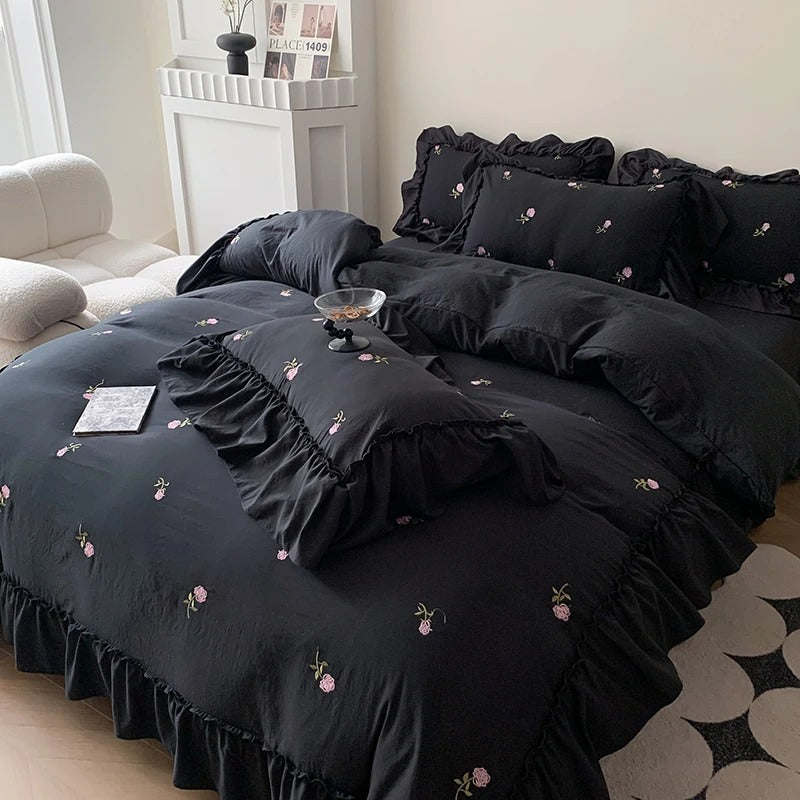 coquette aesthetic embroidered roses ruffle bedding duvet cover and sham set roomtery