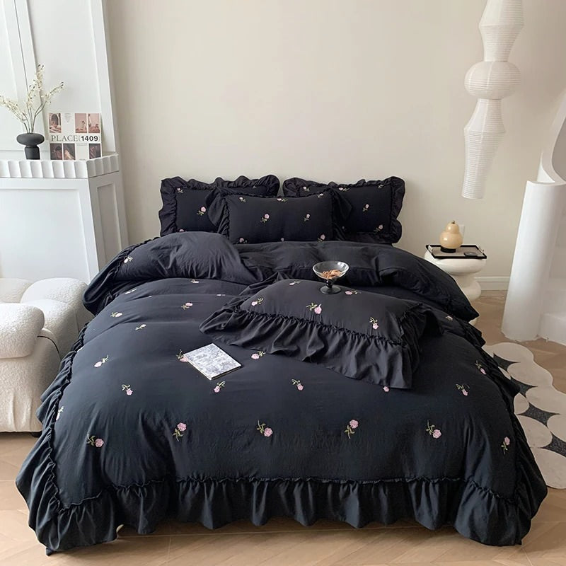 coquette aesthetic embroidered roses ruffle bedding duvet cover and sham set roomtery