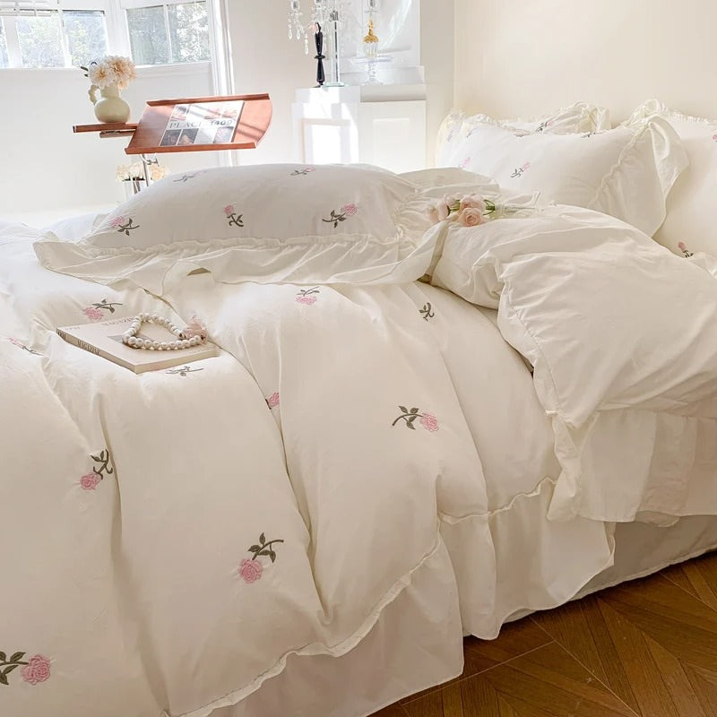 coquette aesthetic embroidered roses ruffle bedding duvet cover and sham set roomtery