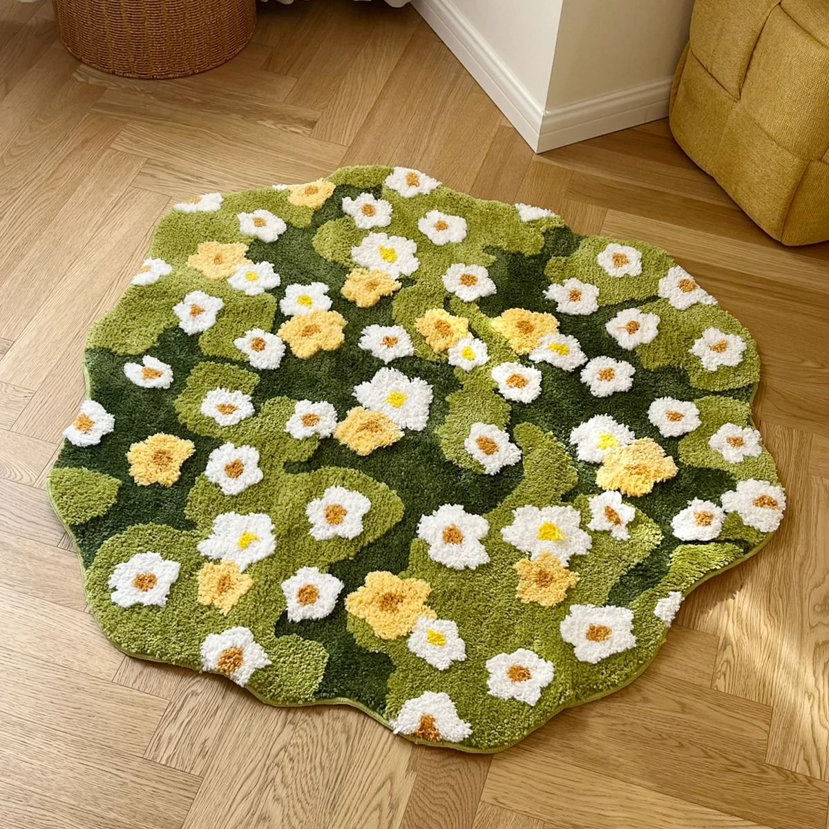 cottagecore aesthetic cute daisies bloom on a grass tufting accent rug
