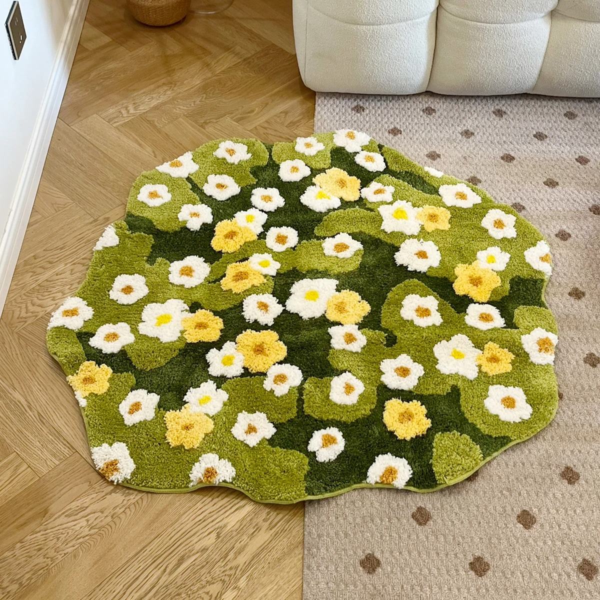 cottagecore aesthetic cute daisies bloom on a grass tufting accent rug