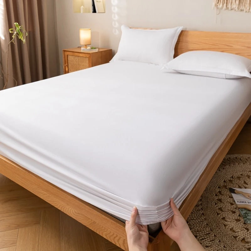 simple solid color cotton fitted sheet for aesthetic bedding setup 