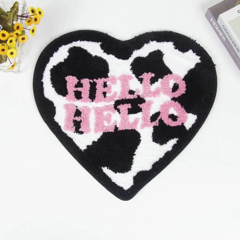 "hello hello" cow print heart shaped accent rug y2k aesthetic roomtery