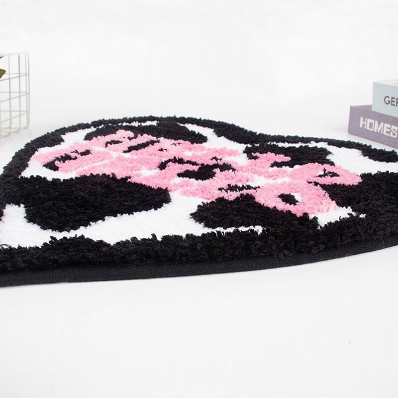 "hello hello" cow print heart shaped accent rug y2k aesthetic roomtery