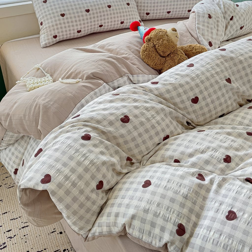 red hearts on gentle beige color gingham pattern print bedding duvet cover set