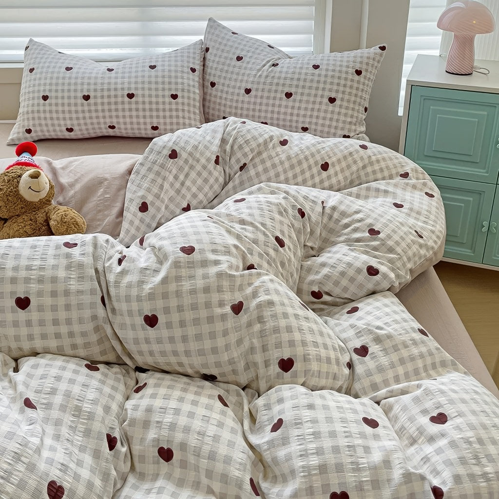 red hearts on gentle beige color gingham pattern print bedding duvet cover set