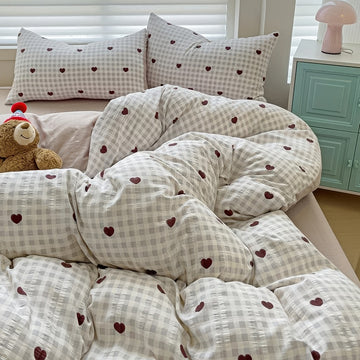 red hearts on gentle beige color gingham pattern print bedding duvet cover set