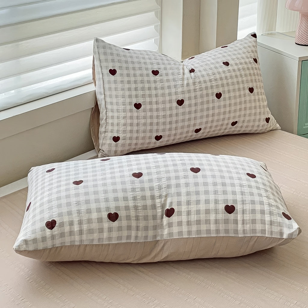 red hearts on gentle beige color gingham pattern print bedding duvet cover set