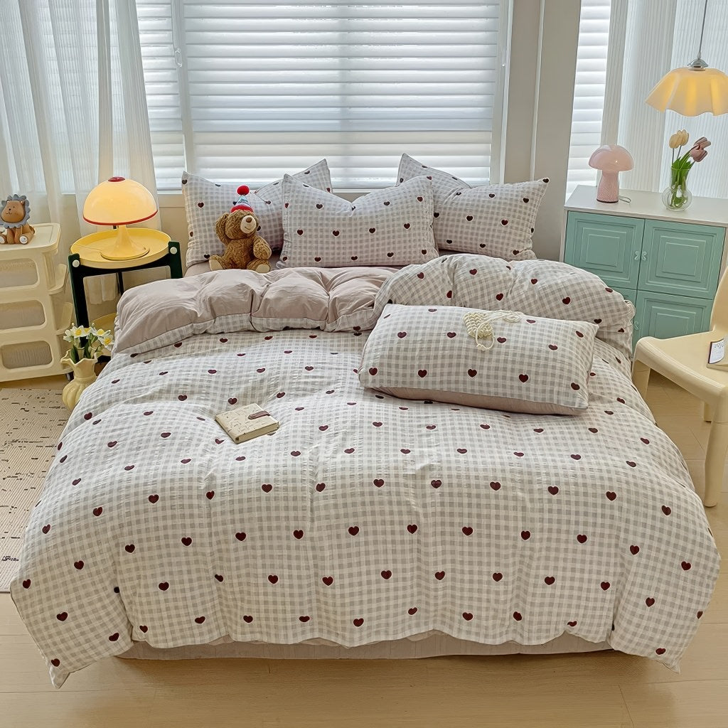 red hearts on gentle beige color gingham pattern print bedding duvet cover set