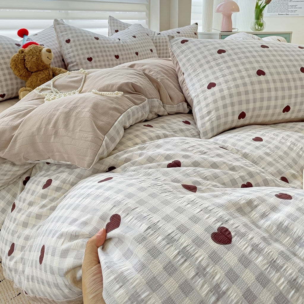 red hearts on gentle beige color gingham pattern print bedding duvet cover set