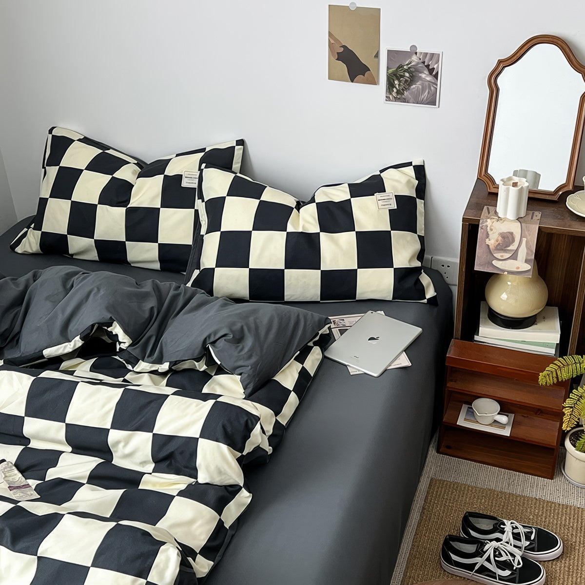 creamy and black checkered bedding duvet cover set