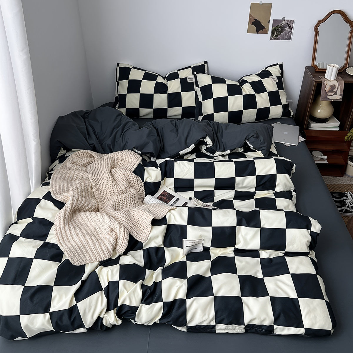 creamy and black checkered bedding duvet cover set