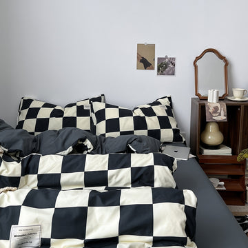 creamy and black checkered bedding duvet cover set