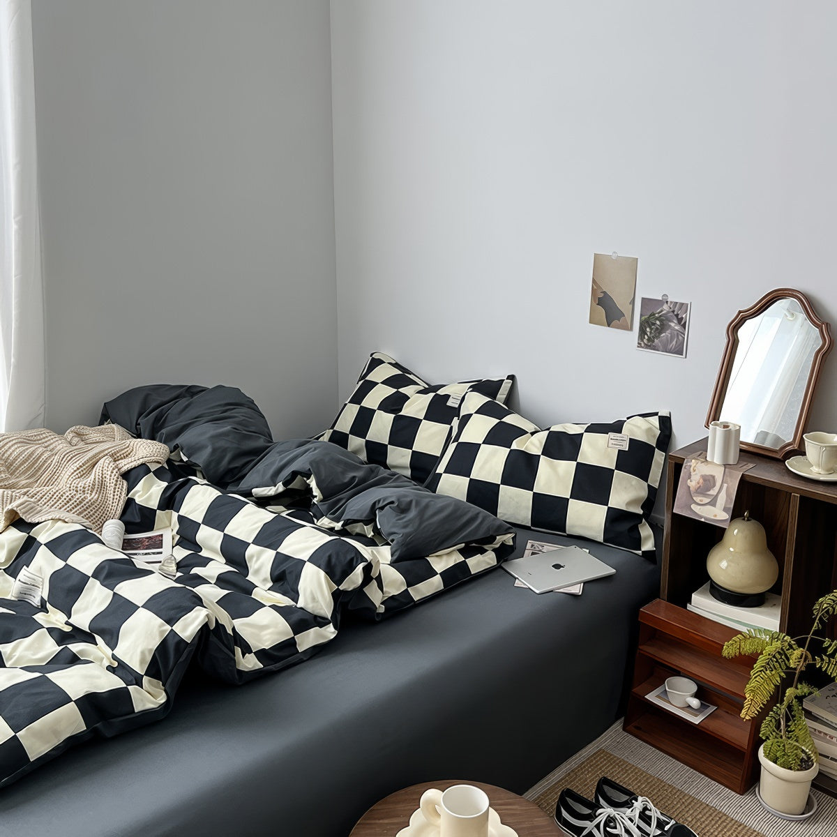 creamy and black checkered bedding duvet cover set