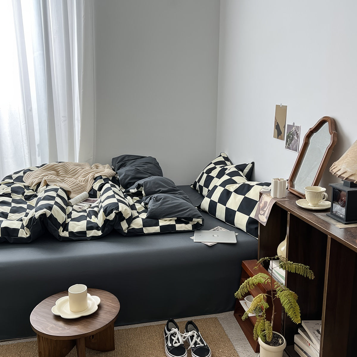 creamy and black checkered bedding duvet cover set